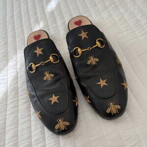 Gucci Black and Gold Embroidered Mules